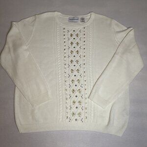 Womens Alfred Dunner Cable & Knit With Rhinestones, Long Sleeve Sweater Medium ￼